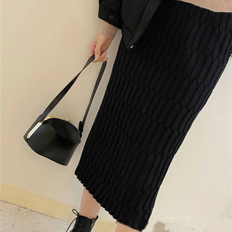 Knit High Waist Patchwork Long Skirt Loose Slim Autumn Knitwear Maxi Skirt