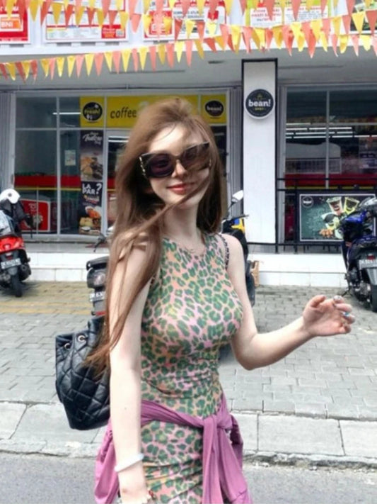 Y2k American Slim Party Dress Office Lady Causal Leopard Print Dress Summer Korean Midi Dress