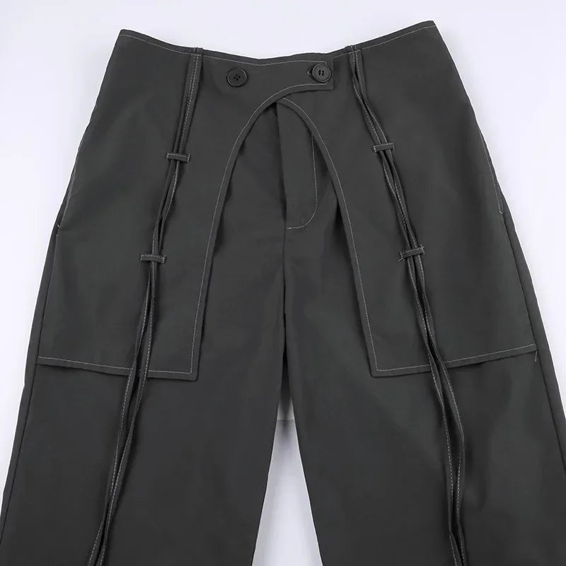 Korean Laceup Spliced Loose Cargo Pants Spring New Fake Twopiece Color All Match Wide Leg Pants
