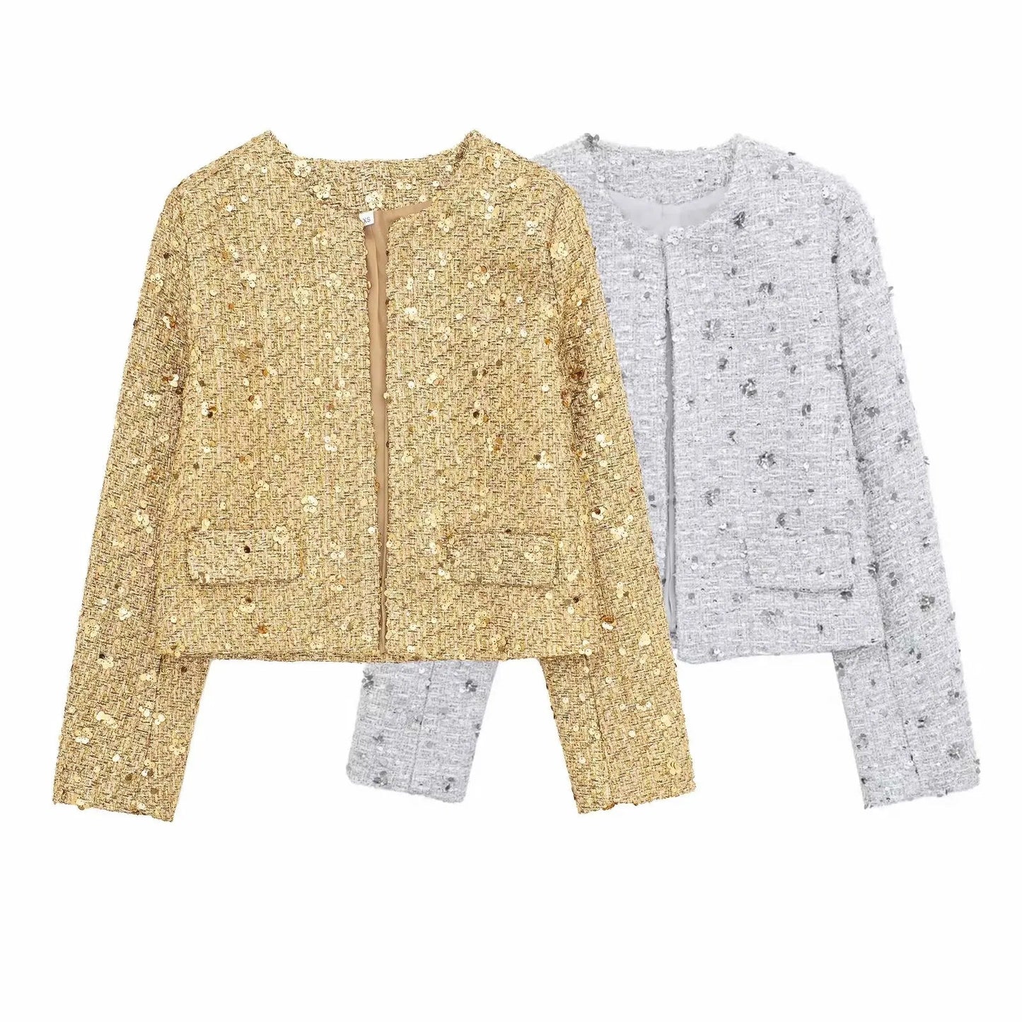 Spring Woman Silver Sequins Jacket Oneck Long Sleeves Cropped Coats Female Open Front Outerwear