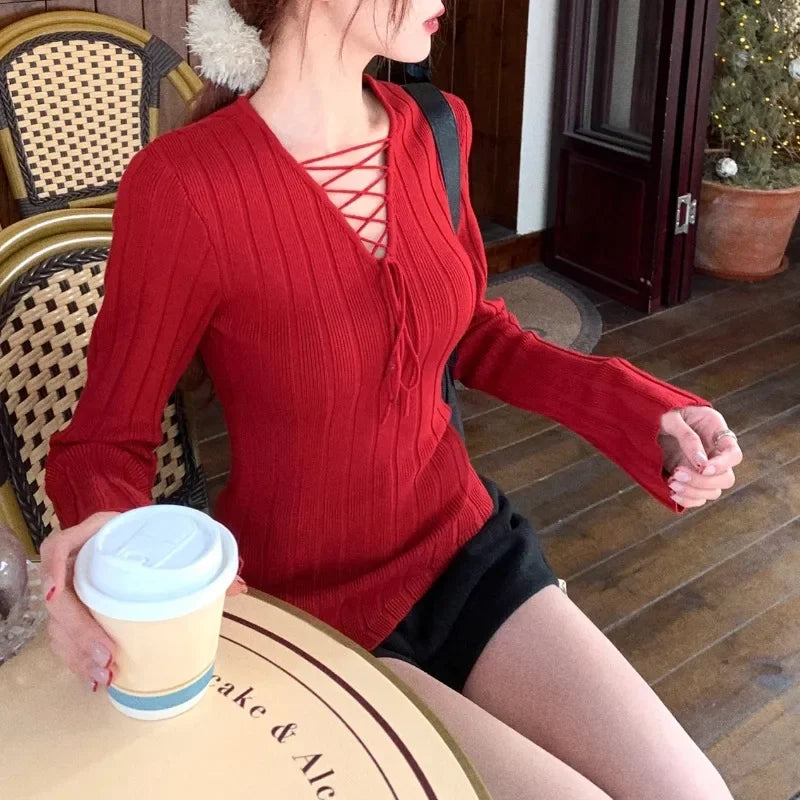 High Street Color Irregular Long Sleeve Sweater Spring New Vneck Laceup Slim Thread Knitted Tops