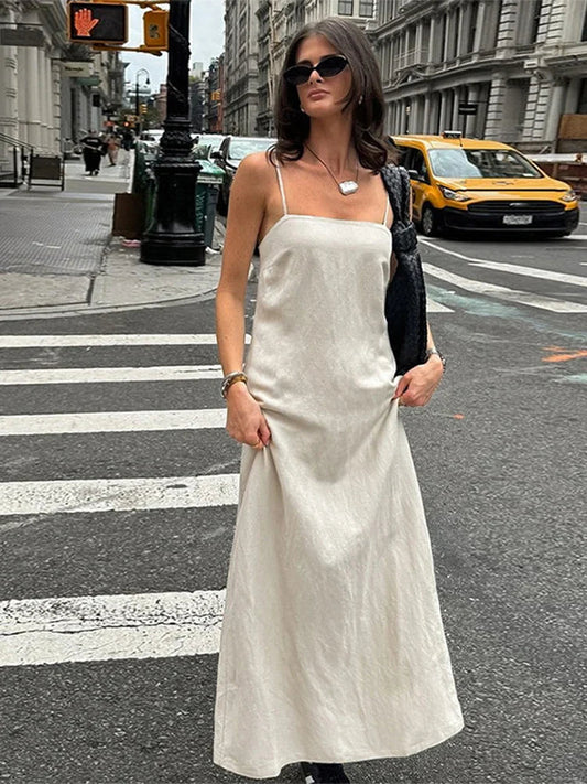 Slip Dress Summer Cotton Lined Loose Dresses Sleeveless Thin Straps White Long Dresses Backless Beach Holiday Dresses