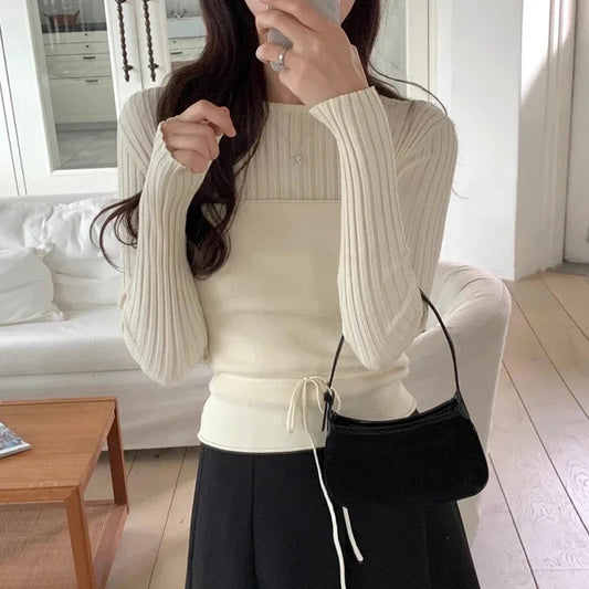 Autumn New High Street Slim Thread Long Sleeve Sweater + Color Laceup Camisole Twopiece Suit