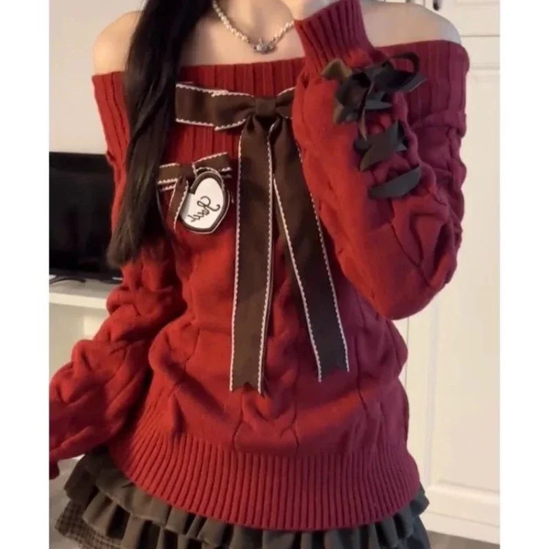 Sweet Knitted Pullover Off Shoulder Kawaii Bow Patchwork Sweaters Preppy Style Long Sleeve Sweaters