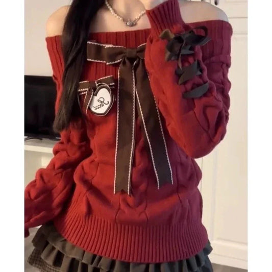 Sweet Knitted Pullover Off Shoulder Kawaii Bow Patchwork Sweaters Preppy Style Long Sleeve Sweaters