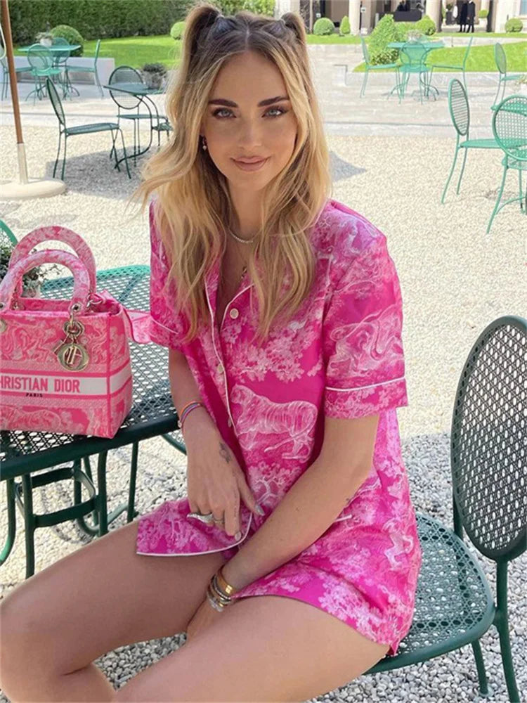 Printed 2 Piece-set Beach Clothes ’s Loose Pocket Lapel Outwear and High Waist Shorts Sets Summer Female Sets