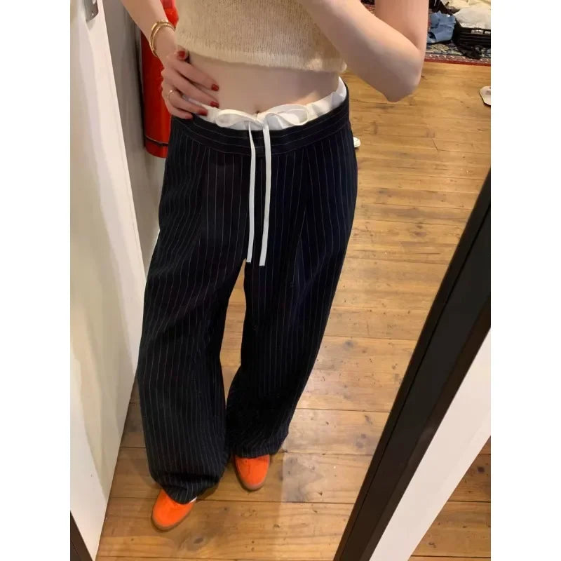 Korean Laceup Contrast Color Patchwork Pants Summer New High Waist Striped Loose All Match Straight Pants