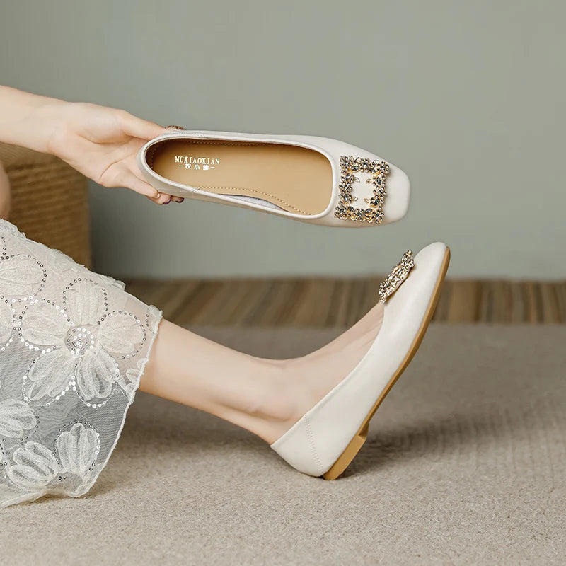 Rhinestone Lace Square Buckle Square Closed Toe Slip on Flat Shoes , Work Driving Walking Wedding