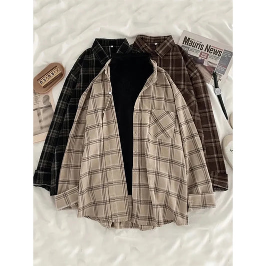 Oversized Plaid Shirts Long Sleeve Blouses Harajuku Korean Pocket Loose All Match Tops New