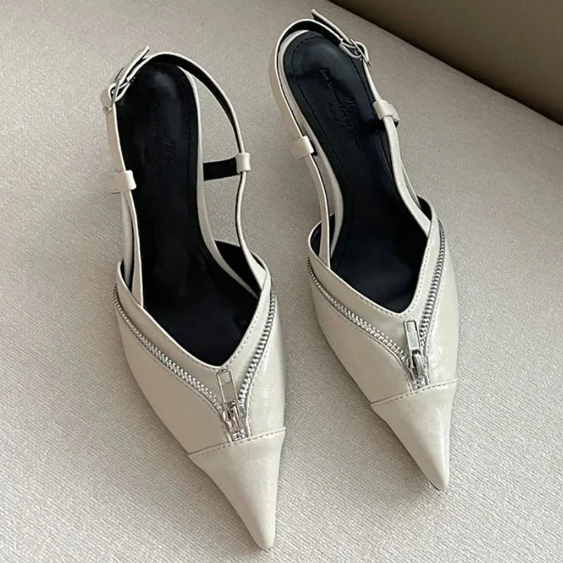 Pointed Toe Mules Pump Zip Design Slingbacks High Heels Female Footwear Summer Brand Shoes