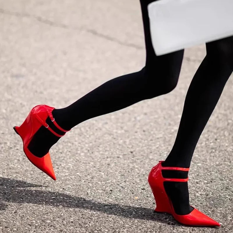 New Buckle Strap Patent Leather Wedges Sandals Pointed Toe High Heels Woman Dress Shoes Sandalias De Las Mujeres