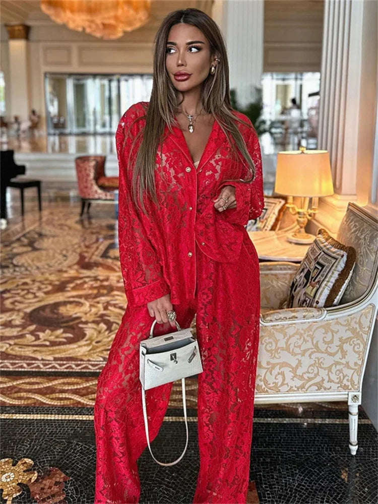 Lace Hollow Out Printed 2 Piece-set Trousers Female See-through See-through Shirts and ’s Pants Outfits
