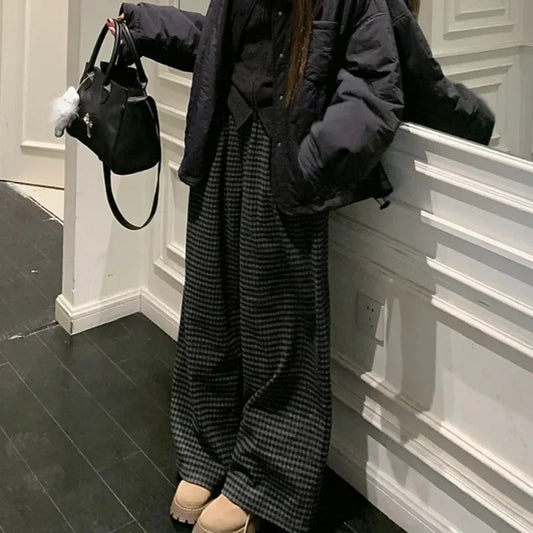 High Waist All Match Tweed Pants Spring New Contrast Color Plaid Wide Leg Pants
