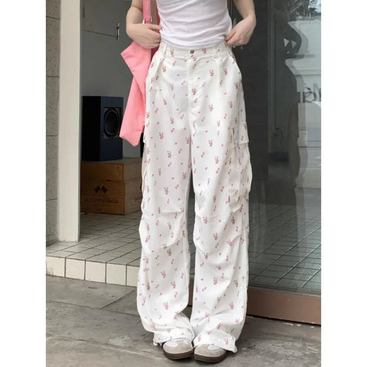 Printing Cargo Trousers for High Waist Patchwork Drawstring Long Pants Female Style
