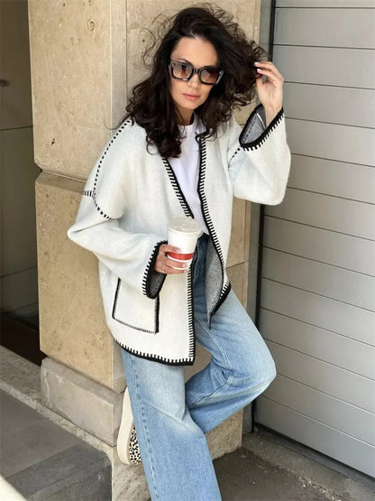 Knit Contrast Cardigan Sweater for Lace-up Pocket Long Sleeve Patchwork Loose Coat Autumn Knitwear ’s Outwear