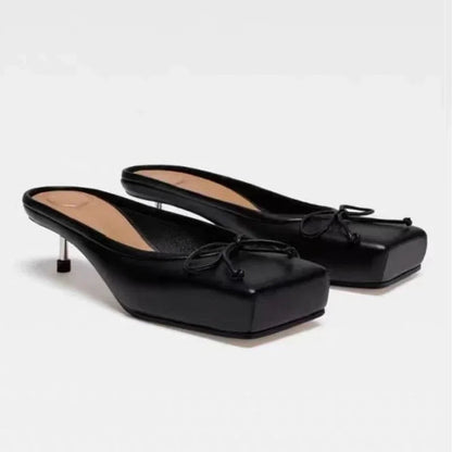 Designer Mule Pumps Slippers Bow Square Toe Party Dress Shoes Red High Heels Sandals