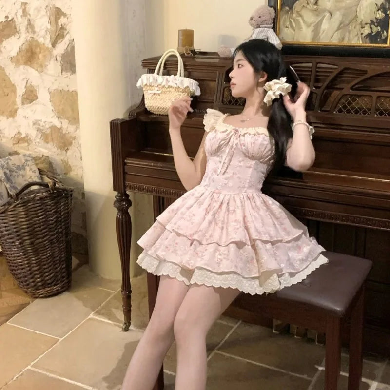 Flying Sleeve Sweet Mini Dresses Square Neck Ruffles Spring Summer Dress Korean Vestidos Mujer