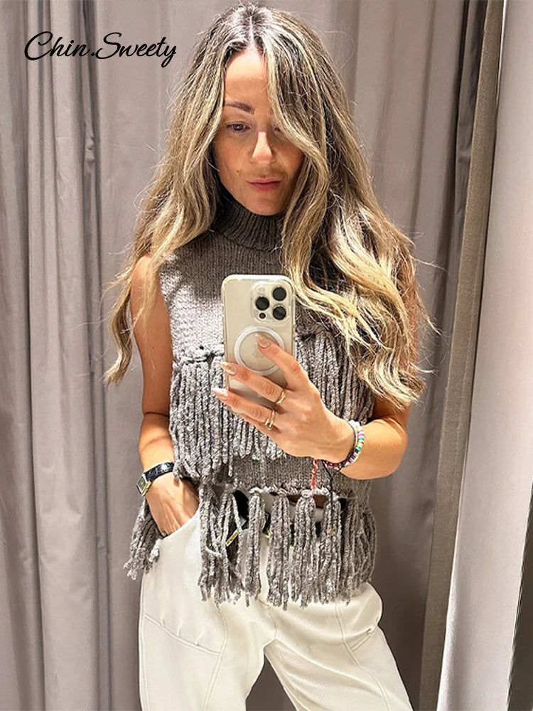 Street Tassel Knitted Vest Sweater for Half-high Collar Sleeveless Slim Fit Tank Top Female Spring Lady Soft Outwear