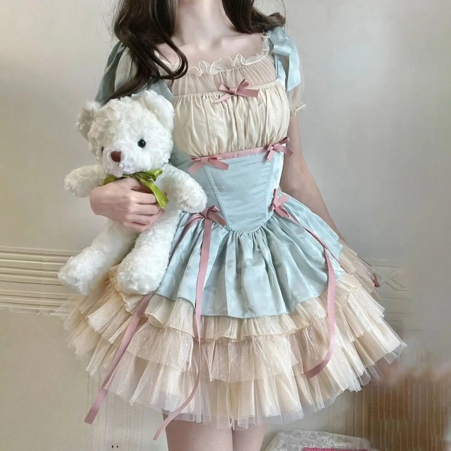 Little Ribbon Lolita Lace Sling Dress Sweet Sp Ballet Style Cake Princess Puffy Onepiece Dress Summer Pettiskirt