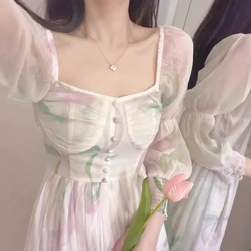 Chiffon Dresses Puff Sleeve Spring Summer Print Vestidos Mujer French Style Sweet Long Dress