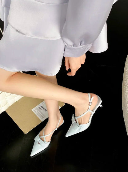 New Butterflyknot Buckle Strap Pumps Woman Pointed Toe Thin Low Heels Shoes