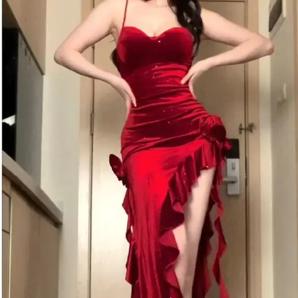 Christmas Limited Dress Red Rose Onepiece Female Sleeveless Y2k Long Dress Female Offshoulder Retro Irregular Dress