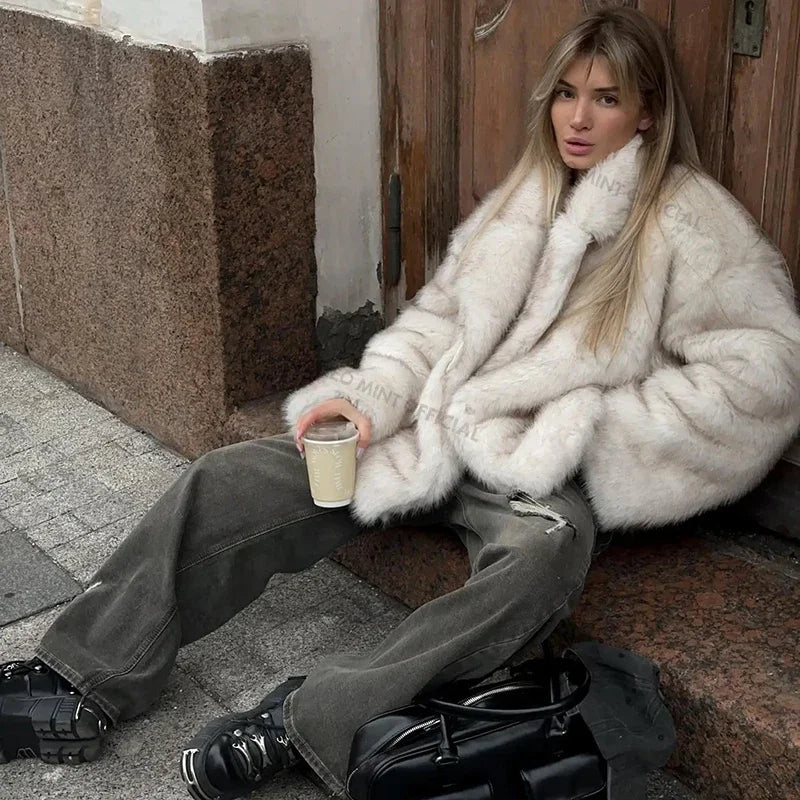 Winter Ins Hot Oversized Gradient Fur Coat Thick Warm Outerwear Fluffy Faux Fox Fur Jacket