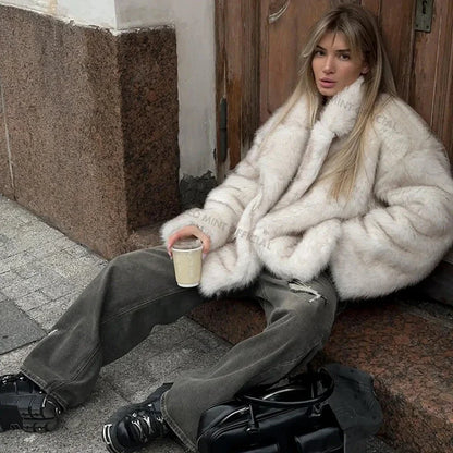 Winter Ins Hot Oversized Gradient Fur Coat Thick Warm Outerwear Fluffy Faux Fox Fur Jacket