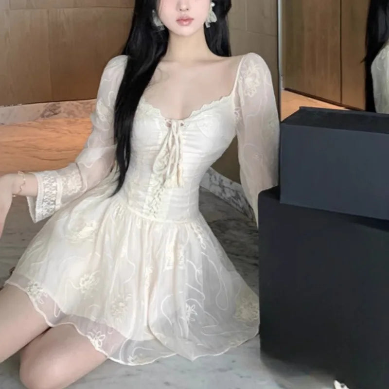 Lace Mini Dresses Spring Autumn V Neck Dress Korean Aline Vestidos Mujer
