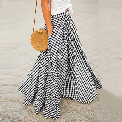 Y2k New Skirts Plaid Check Elastic Waist Long Skirts Zipper Pleated Pockets Skirts