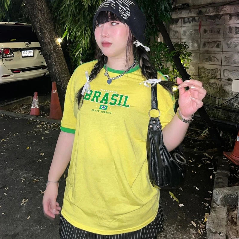 Europe and the United States Loose Letters Yellow Green Top Y2k ’s Summer T-shirt Clothing Street