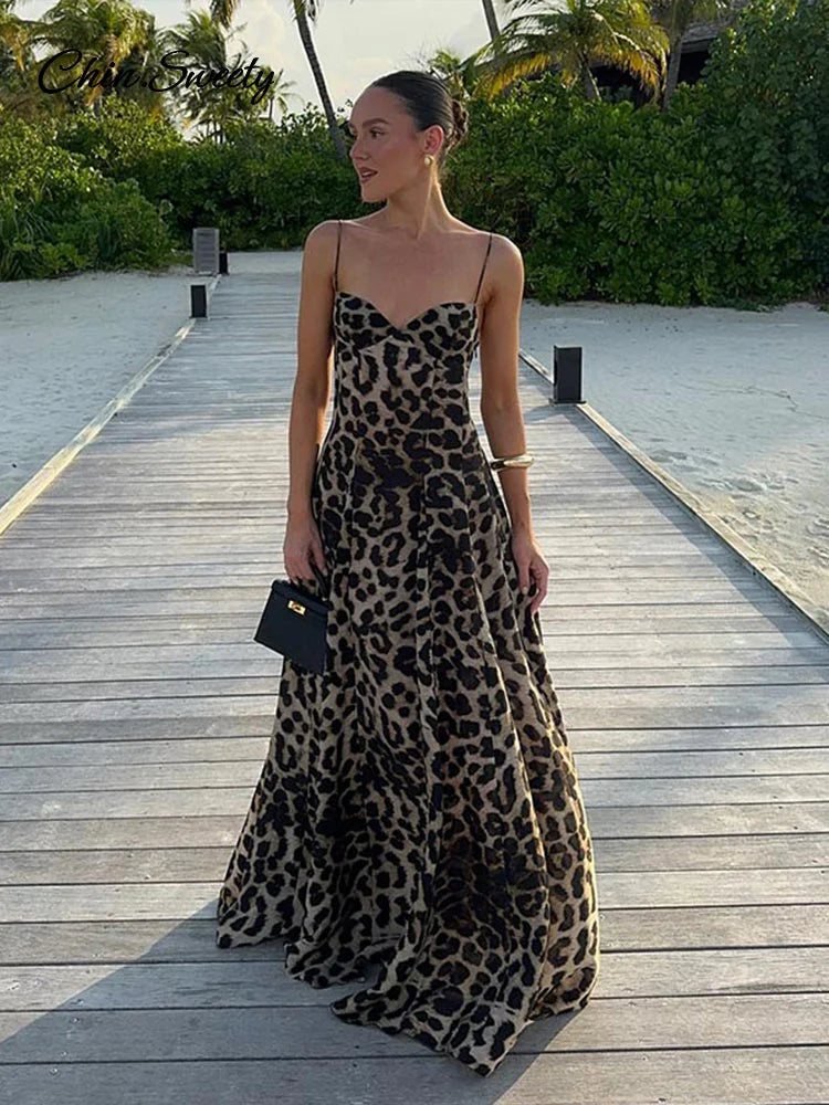 Y2k Leopard Print Suspender Long Dresses Slim Sleeveless Backless A-line Party Dress Summer Lady Robes _new