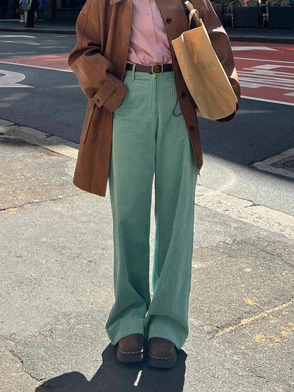 Striped Corduroy Wide Pants Plain High Rise Straight Loose Draped Long Trousers Korean Autumn Clothes