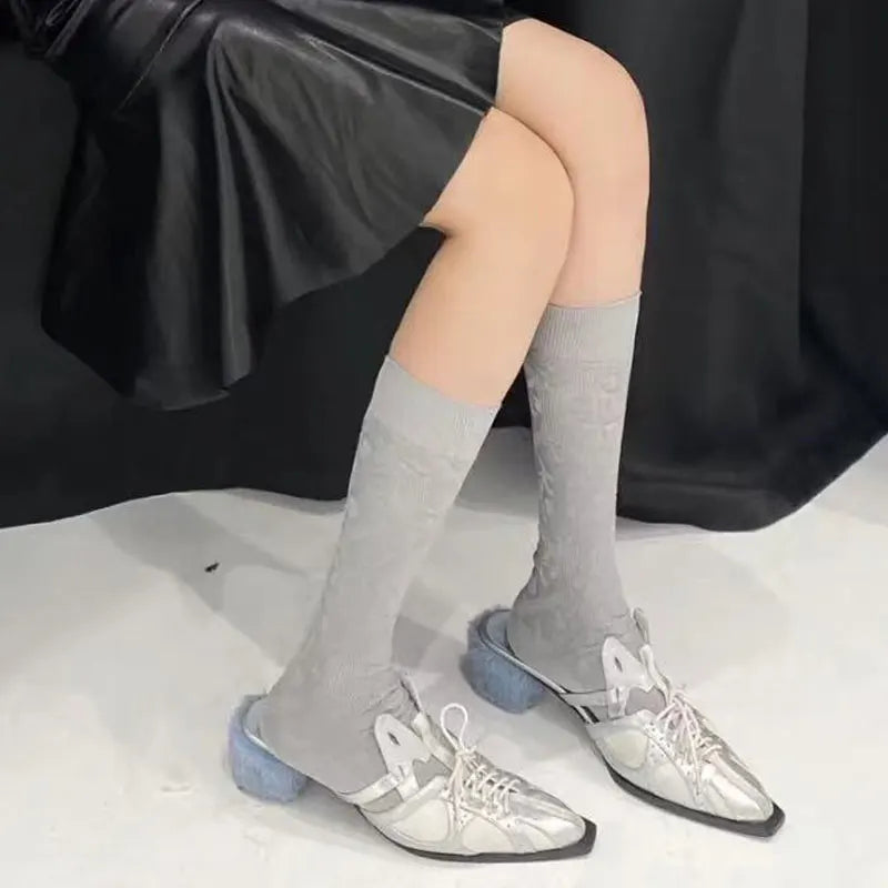 Hollow Out Pointedtoe Colorblock High Heels Comfortable Breathable Sandals Plush Heel Mules Personality Shoes