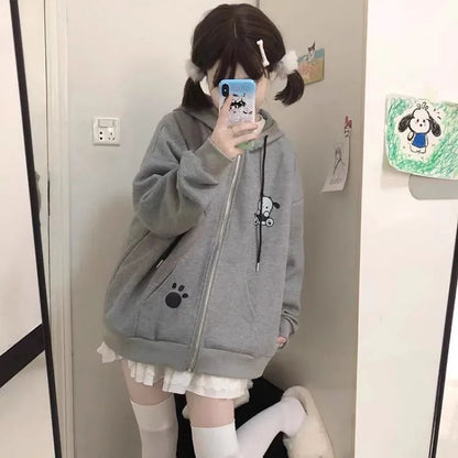 Japanese Kawaii Dog Ears Hoodie Sweatshirt Autumn New Loose Zipper Tops Y2k Egirl Long Sleeve Thin Sweatshirts