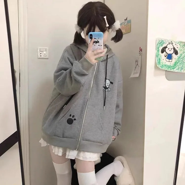 Japanese Kawaii Dog Ears Hoodie Sweatshirt Autumn New Loose Zipper Tops Y2k Egirl Long Sleeve Thin Sweatshirts
