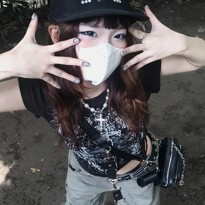 90s Harajuku Printed T-shirt Short Sleeved Tight Top ’s Y2k Street Wear Exposed Navel Top