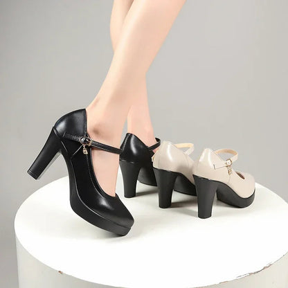 Ankle Strap Thick Heels Pumps for Pu Leather Office High Heeled Shoes Woman's Platform Mary Jane Shoes