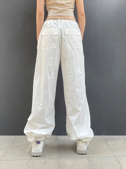 Baggy Wide Leg Sweatpants White Loose Drawstring Low Waist Cargo Pants Hippie Joggers Trousers