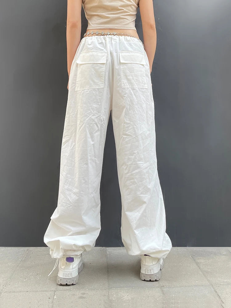 Baggy Wide Leg Sweatpants White Loose Drawstring Low Waist Cargo Pants Hippie Joggers Trousers
