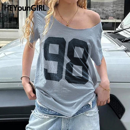 Y2k Digital Print Loose T-shirt Short Sleeve O Neck Basic Tee Summer Top Lady Outfits