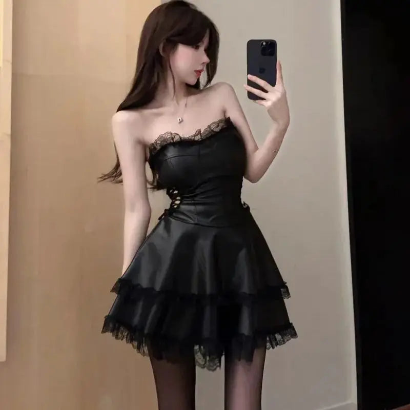 Summer Spring Faux Leather Backless Y2k Club Mini Dress Sleeveless Female New Clothes Vestidos