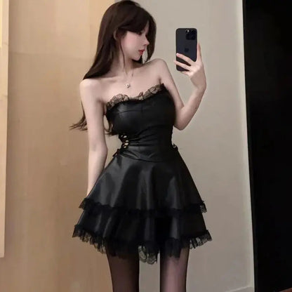 Summer Spring Faux Leather Backless Y2k Club Mini Dress Sleeveless Female New Clothes Vestidos