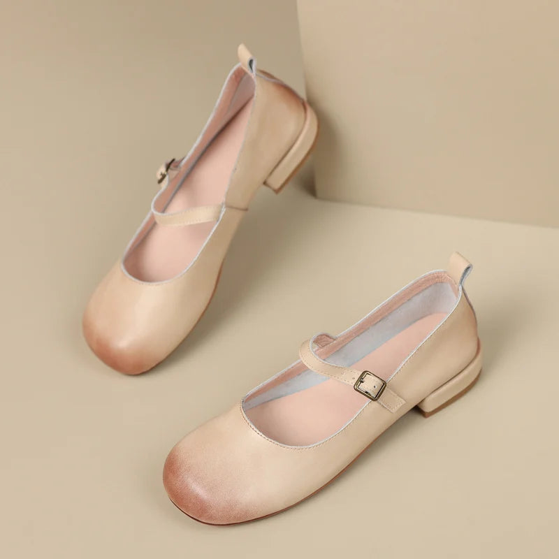 Round Toe Pumps Low Heels Genuine Leather Office Working Shoes Woman Spring Summer Retro Style
