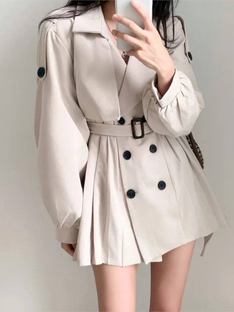 Autumn Korean Trench Coat Pleated Dresses for Belt Turn-down Collar Double Breasted Female Vestidos New