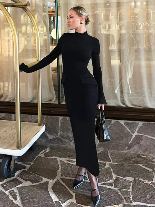 Half Turtleneck Long Sleeves Maxi Dress Office Lady Clothing Back Slit Gown Dress Female Autumn