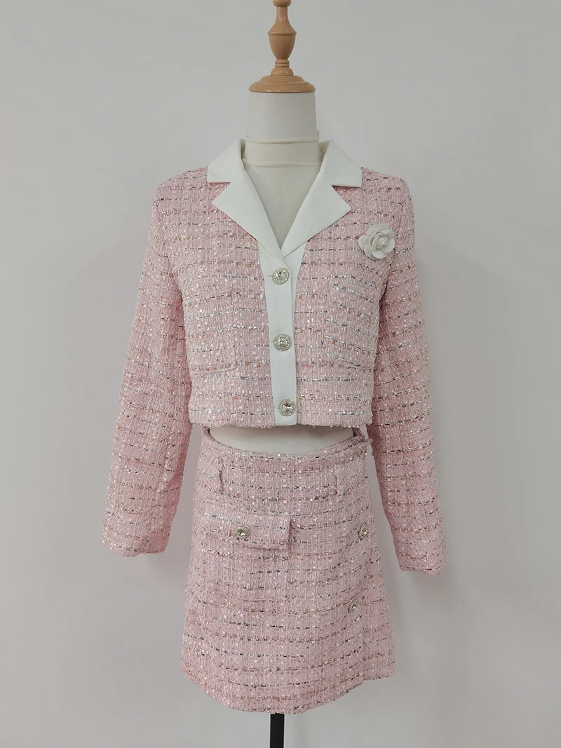 Sweet Hot Girl Suit Autumn Longsleeved Tweed Short Coat High Waist Aline Skirt Twopiece Set Female Clothes