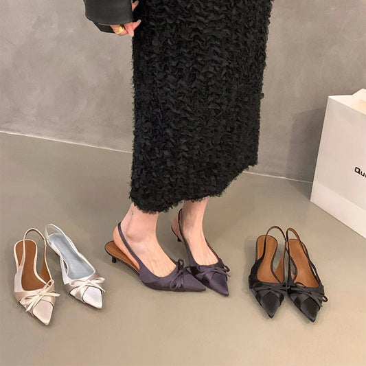 Bowktie Pointed Toe Slingbacks Low Thin Heel Dress Shoes
