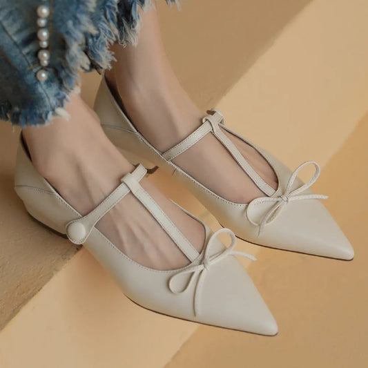 Genuine Leather Pointed Toe Tstrap Ballet Flats Single Shoes Soft Comfortable Female Sprinng New Ballerians