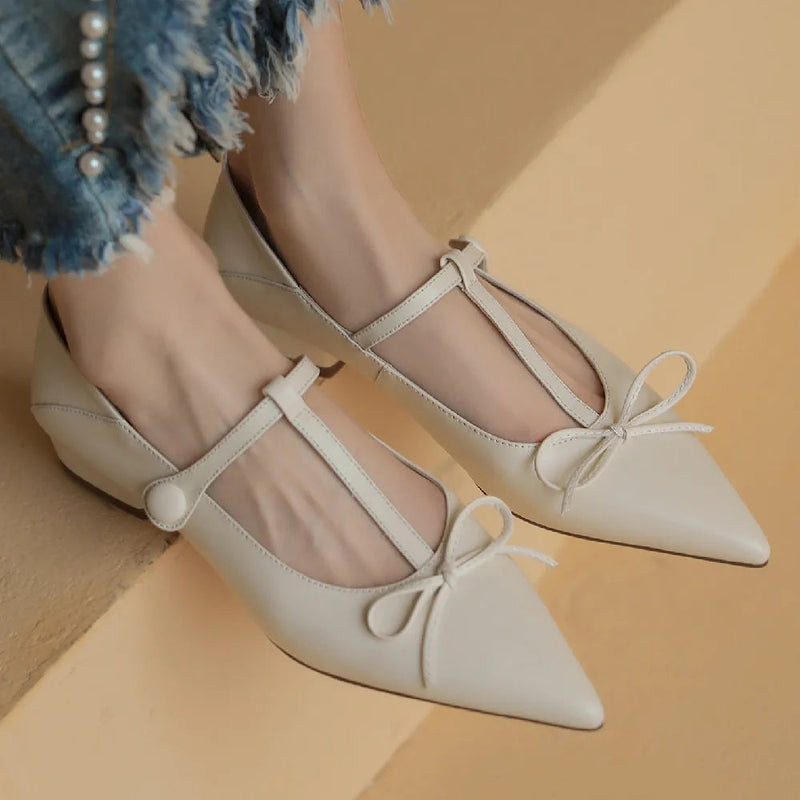Genuine Leather Pointed Toe Tstrap Ballet Flats Single Shoes Soft Comfortable Female Sprinng New Ballerians